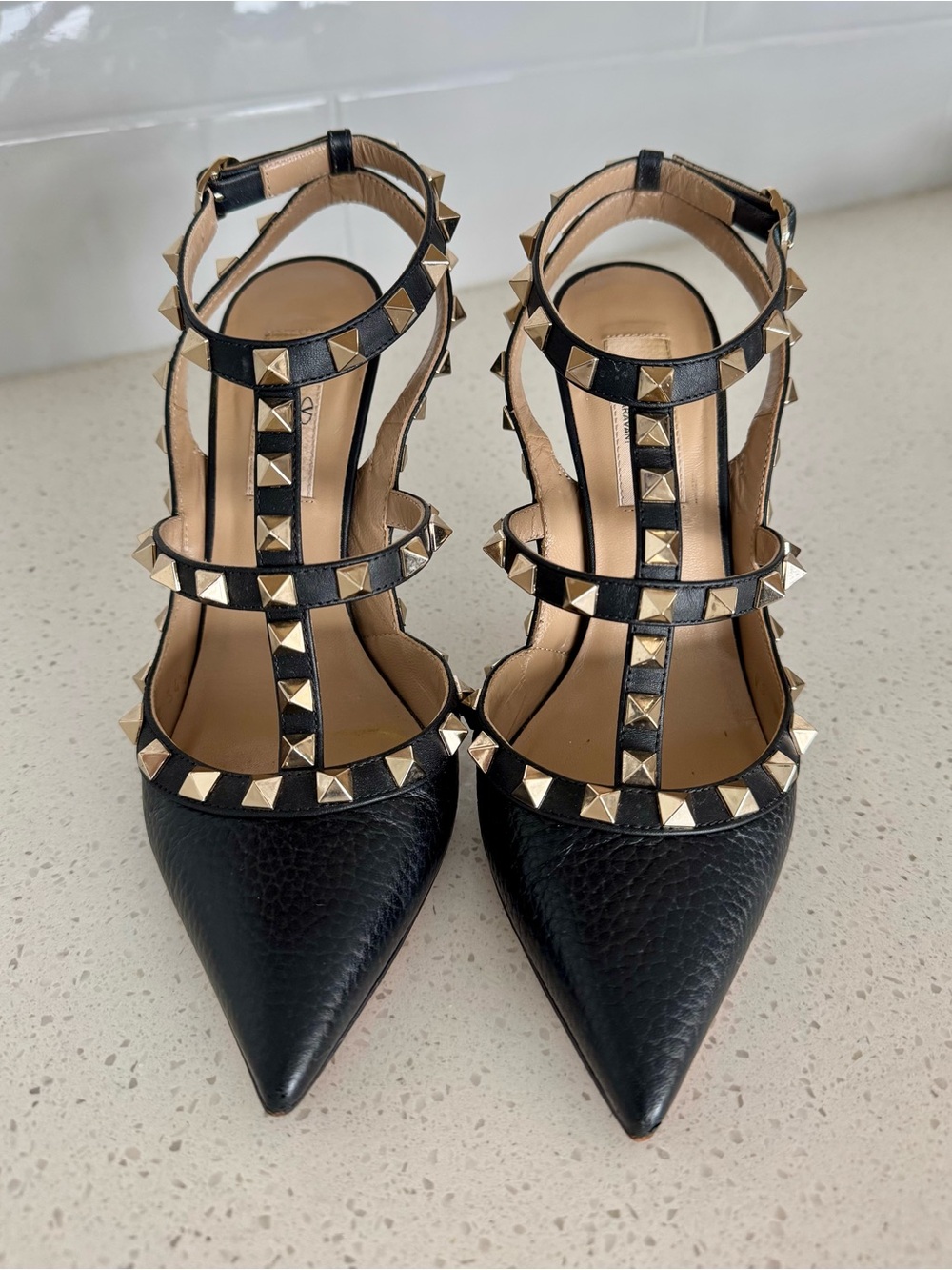 Valentino Black Leather T-Strap Rockstud Heels with Gold Studs - Picture 2 of 6